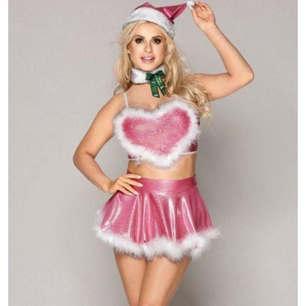 JSY / Эротический костюм Снегурочки в розово-белом цвете (шапка; юбка; топ; трусики-стринги; чокер)
